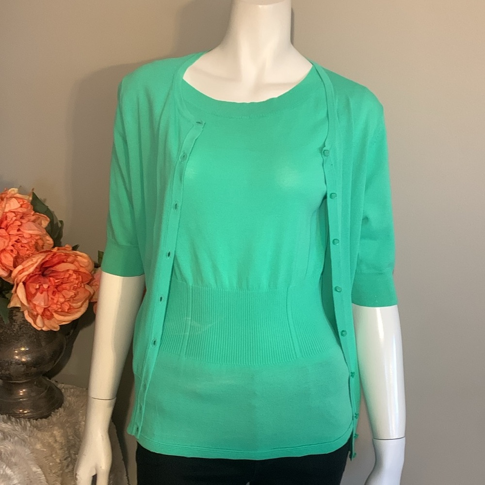 💚Chic Ann Taylor lightweight, green cardigan sweater set Small